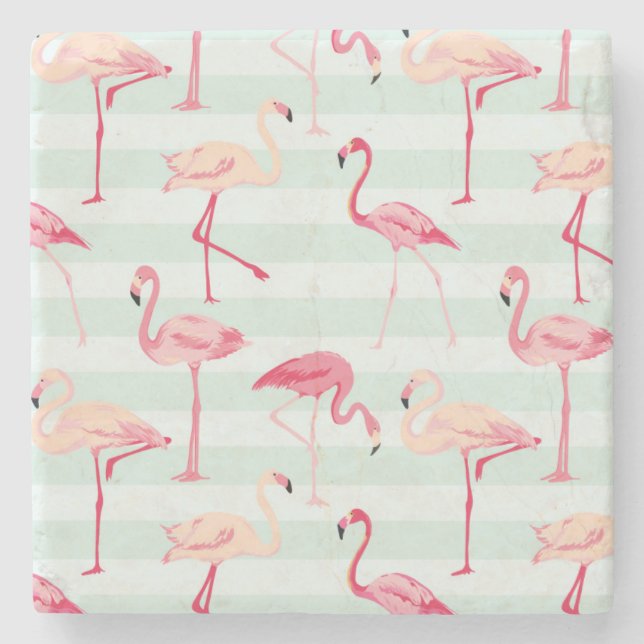Porta-copo De Pedra Flamingos retros em listras da hortelã (Frente)