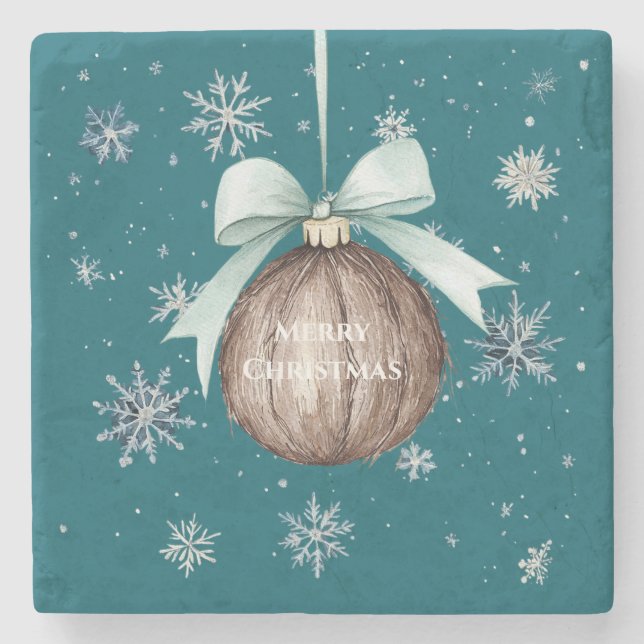 Porta-copo De Pedra Flocos de Neve Azul Turquesa Natal Coco Arco (Frente)