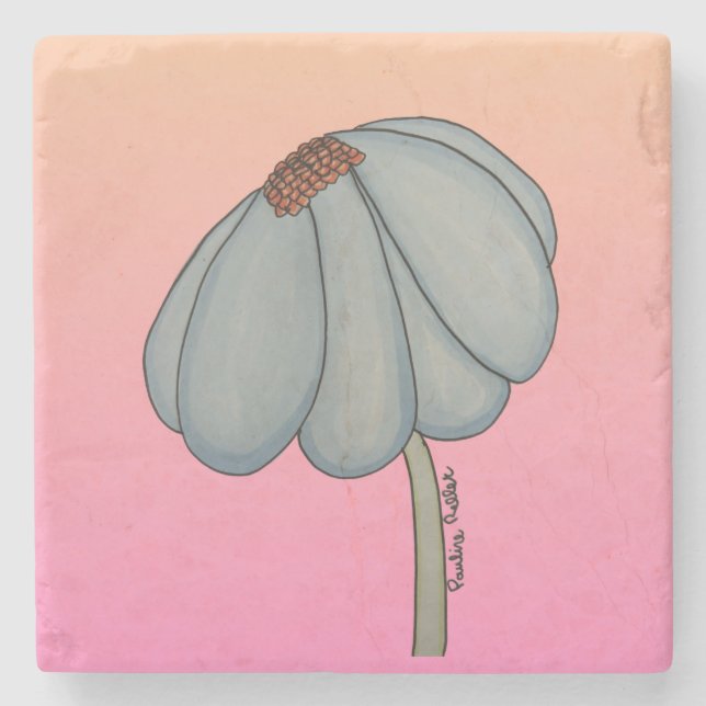 Porta-copo De Pedra Flor azul com fundo rosa (Frente)