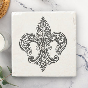Porta-copo De Pedra Flor de lis laçado preto e branco do vintage