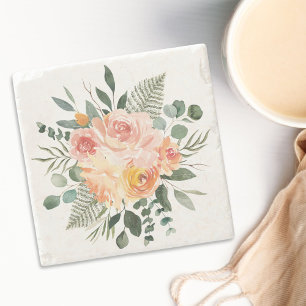 Porta-copo De Pedra Flor de Pêssego Rosa Folhas de Eucalipto Floral