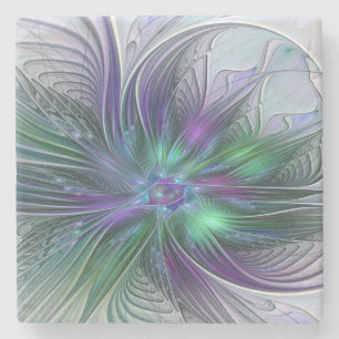 Porta-copo De Pedra Flor Moderna Abstrata Fractal Roxa Verde