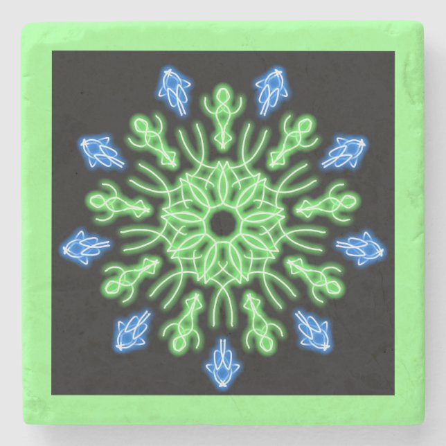 Porta-copo De Pedra Flor néon verde e azul (Frente)