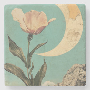 Porta-copo De Pedra Flor rosa e Lua Crescente