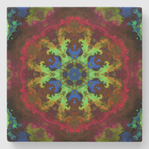 Porta-copo De Pedra Flor Verde Azul e Vermelho, Flor Mandala Psicodéli