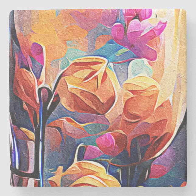 Porta-copo De Pedra Floral Abstrato Art Laranja Vermelho Azul Flores (Frente)