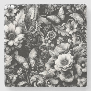 Porta-copo De Pedra Floral Antigo Monocromático com Borboletas