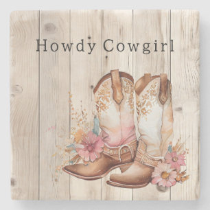 Porta-copo De Pedra Floral Cowgirl Boots Ivory Faux Wood Personalizada