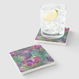 Porta-copo De Pedra Floral de Peacock Teal Roxo Elegante