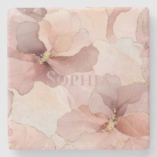 Porta-copo De Pedra Floral Dourado Romântico Rosa Blush Rosa