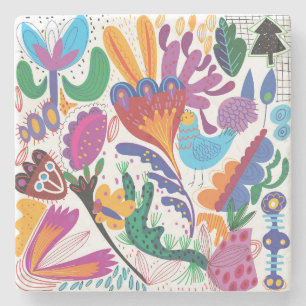 Porta-copo De Pedra Floral e Plantas Coloridas Desenhadas À Mão