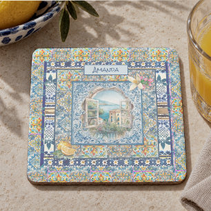 Porta-copo De Pedra floral italiano de verão azulejos azuis monograma