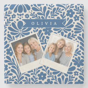 Porta-copo De Pedra Floral Nórdico Personalizado Azul Folclórico