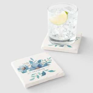 Porta-copo De Pedra Floral personalizado aguarela azul brilhante