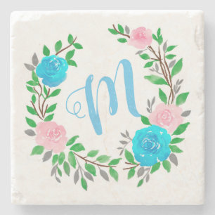 Porta-copo De Pedra Floral Wreath Monograma