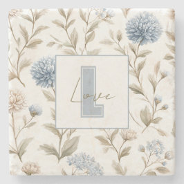 Porta-copo De Pedra Flores Azuis Marrom Creme Monograma Inicial Amor