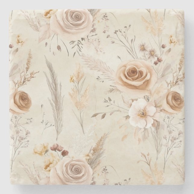 Porta-copo De Pedra Flores Boho Creme Rústico (Frente)