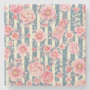 Porta-copo De Pedra Flores de Aquarela Rosa em Stripes