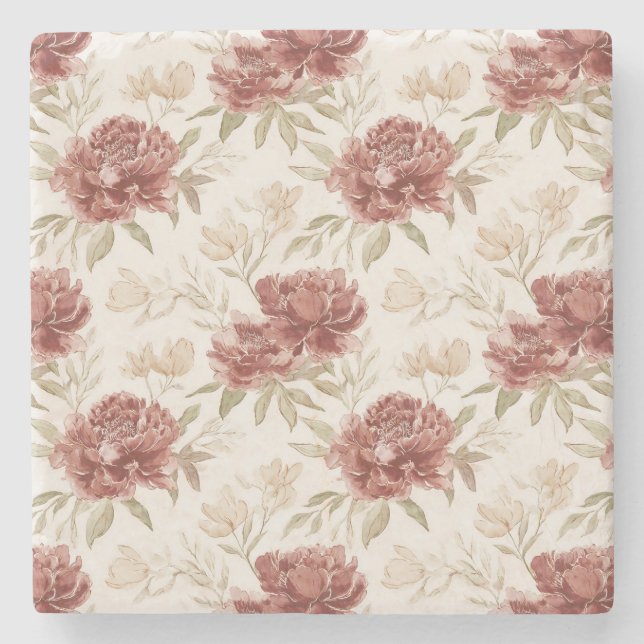Porta-copo De Pedra Flores de Creme Vermelho (Frente)