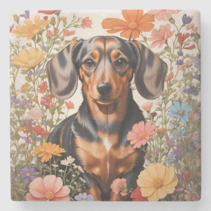 Porta-copo De Pedra Flores De Dachshund Castanho E Cosmos