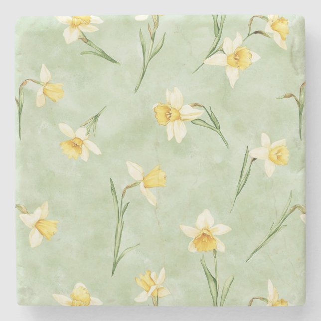Porta-copo De Pedra Flores de Narciso Amarelo Verde Menta (Frente)