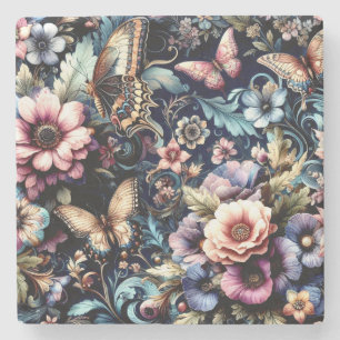 Porta-copo De Pedra Flores de primavera e Borboletas Antigas