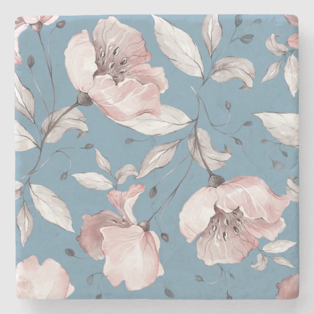 Porta-copo De Pedra Flores de primavera, folhas, design sem costura (Frente)