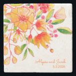 Porta-copo De Pedra Flores de Vintage Orange Watercolor Personalizadas<br><div class="desc">Esta porta copos de pedra na moda apresenta uma bonito pintura aquosa de um buquê em laranja,  personalizada com seus nomes e aniversário,  noivado ou outra data significativa. ideia de presente de excelente!</div>