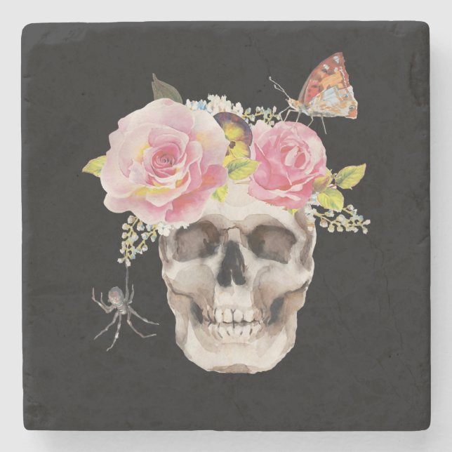 Porta-copo De Pedra Flores do crânio Dão de Halloween da aranha-borbol (Frente)