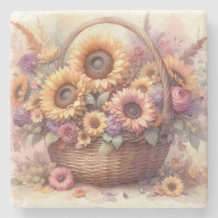 Porta-copo De Pedra Flores e girassóis, pastos de aquarela
