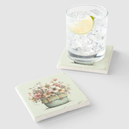 Porta-copo De Pedra Flores em Vasos Aconchegante Estilo Xadrez Fofo