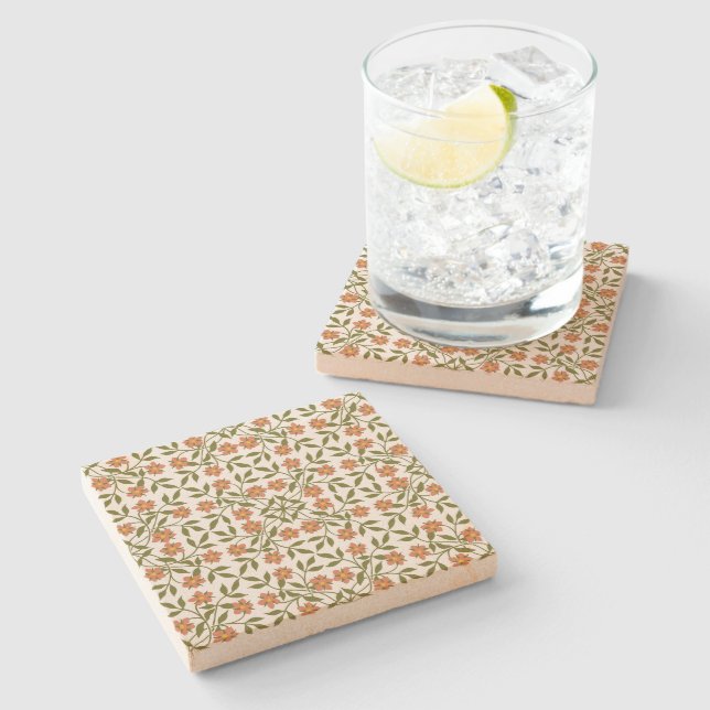 Porta-copo De Pedra Flores Laranja, Padrão Floral, Verde, Boho (Lateral)