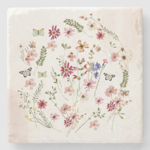 Porta-copo De Pedra Flores silvestres, prensadas a aquarelas e secas