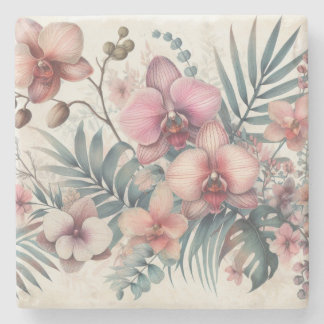 Porta-copo De Pedra Flores tropicais e folhas de aquarela