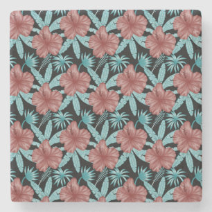Porta-copo De Pedra Flores vermelhas padrão uniforme tropical folhas &