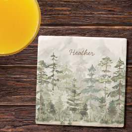 Porta-copo De Pedra Floresta de Pinheiro Verde Monogramada em Aquarela