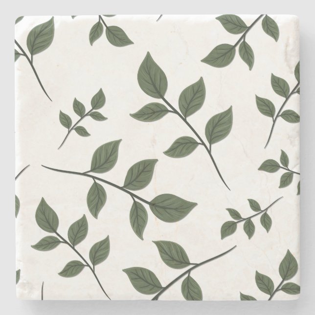 Porta-copo De Pedra Folhagem com Folhas Verdes em Branco (Frente)
