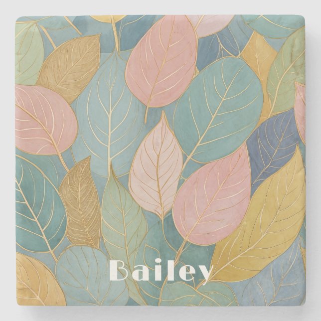 Porta-copo De Pedra Folhagem Whimsical: Folhas de Pastel (Frente)