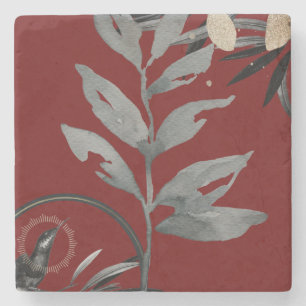Porta-copo De Pedra Folhas Artísticas de Aquarela Burgundy & Cinza