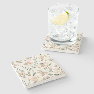 Porta-copo De Pedra Folhas de Aquarela Botânica Floral Bege Pintadas