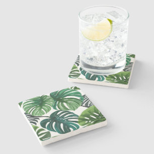 Porta-copo De Pedra Folhas de Monstera Aquarela Botânica Moderna