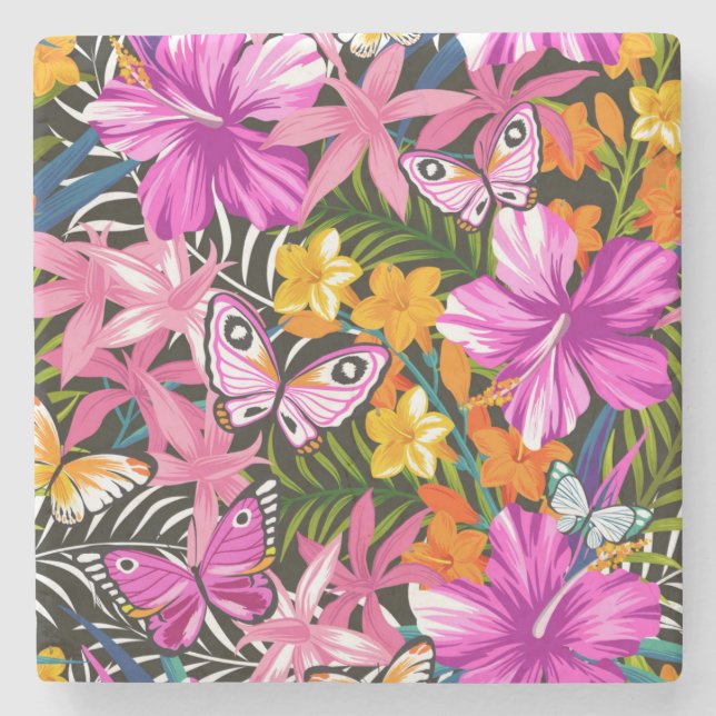 Porta-copo De Pedra Folhas e flores tropicais (Frente)