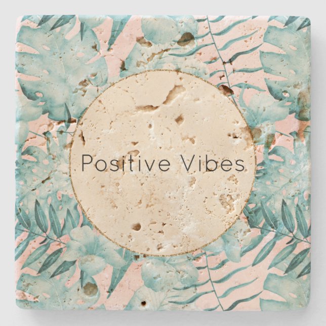 Porta-copo De Pedra Folhas tropicais Aqua Douradas personalizadas (Frente)