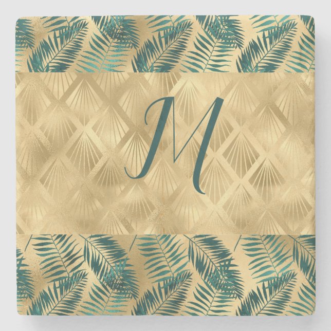 Porta-copo De Pedra Folhas verdes e Douradas (Frente)