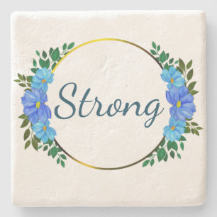 Porta-copo De Pedra Forte texto azul Floral Simples Encorajamento