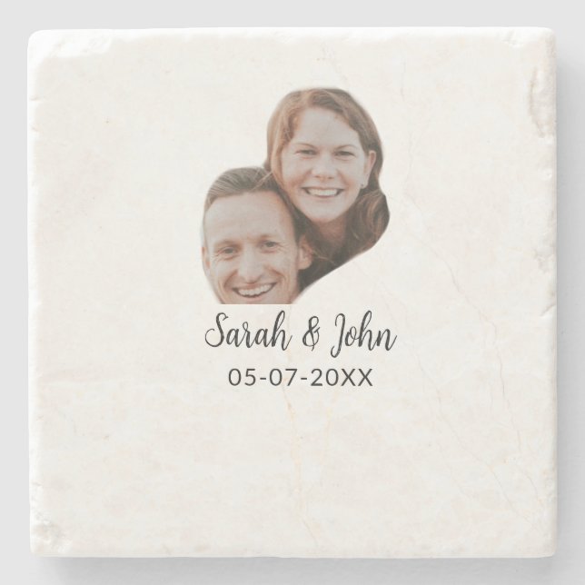Porta-copo De Pedra Foto do casal com nome e data simples casamento (Frente)