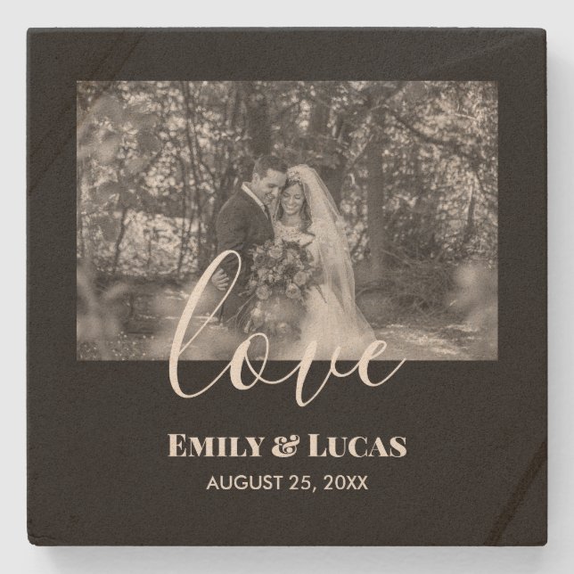 Porta-copo De Pedra Foto Simples Elegante de Casamento Personalizado B (Frente)