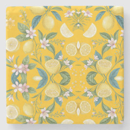 Porta-copo De Pedra Fresh Lemon Floral Botanical Pattern