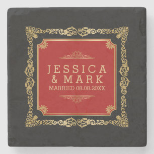 Porta-copo De Pedra Fundo ornamentado Dourado & vermelho do preto do