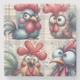 Porta-copo De Pedra Funny Chickens and Roosters